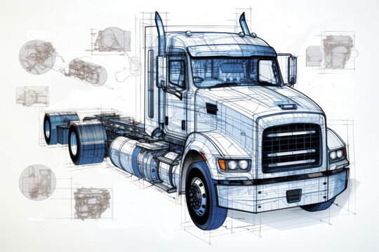 Projection of a modern truck or truck. 3D graphic visualization shows the analysis and optimization of a fully developed vehicle prototype. Modern technologies of mechanical engineering. - Powered by Adobe