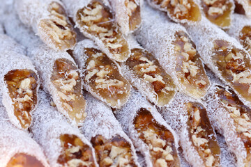 Delicious Turkish delight. Churchkhela. Sujuk lokum.