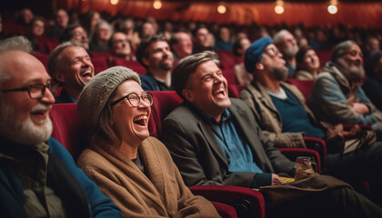 A joyful crowd of moviegoers enjoying a film together indoors generated by AI - obrazy, fototapety, plakaty