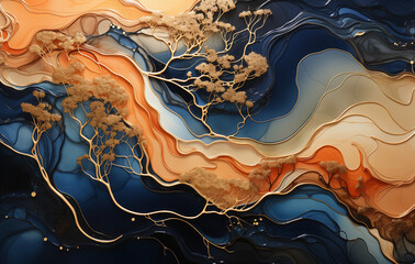 Watercolor rivers done in textured composition style, light peach and dark bronze, light lime and cobalt blue, lovely and colorful