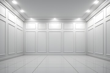 An abstract background image for creative content featuring a white room with spotlights, providing a versatile backdrop for various creative projects. Photorealistic illustration
