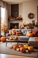 Modern living room with sofa, fireplace, table and pumpkins.