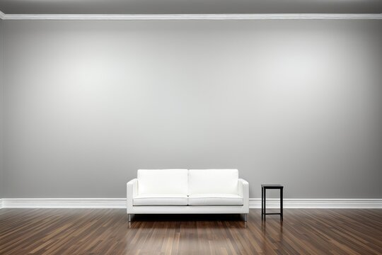 An abstract background image for creative content with a light gray wall, a couch, and wood flooring, offering a versatile space for various creative projects. Photorealistic illustration