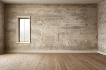 An abstract background image complements a room featuring concrete walls, a small window, and a warm wood floor, providing a unique and creative backdrop. Photorealistic illustration