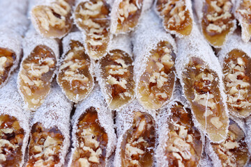 Delicious Turkish delight. Churchkhela. Sujuk lokum.