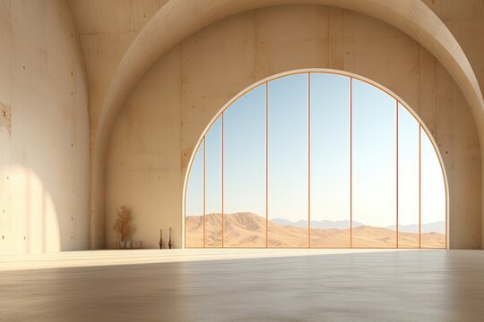 An abstract background image sets the stage for creative content in a vast room with an arched window, featuring a striking desert view and stark concrete walls. Photorealistic illustration