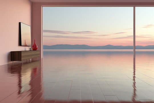 An abstract background image enhances the surreal and artistic atmosphere of a minimalist pink room where the floor seamlessly merges with the lake outside. Photorealistic illustration