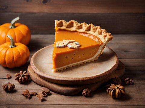 A piece of traditional American pumpkin pie on wooden background.