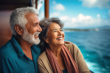 Obraz premium An elderly couple on the deck of a ship or liner against the backdrop of the sea. Happy and smiling people. Travel on a sea liner. Sea voyage, active recreation. Love and romance of older people.