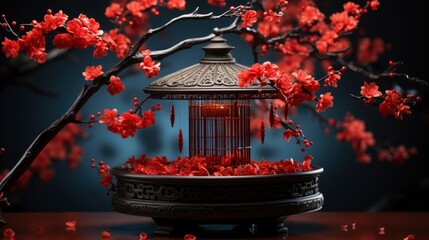 Cherry Blossom Chinese Lantern Red Pan, Happy New Year Background ,Hd Background