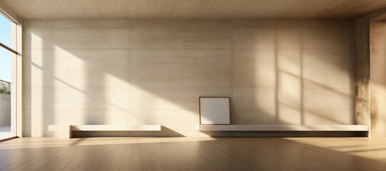 In wide format, an abstract background image showcases a room with concrete walls, bathed in sunlight streaming through, creating an inspiring setting for creative content. Photorealistic illustration