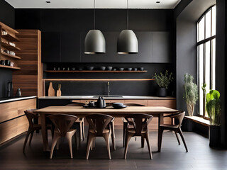 large kitchen room with modern interior design with wood table and chairs for home against the background a dark classic wall, Generative AI