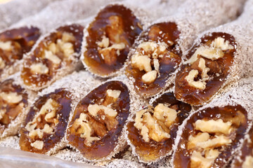 Delicious Turkish delight. Churchkhela. Sujuk lokum.