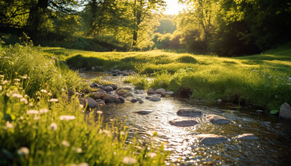 Obraz premium Tranquil scene green meadow, animals in the wild, reflection on pond generated by AI