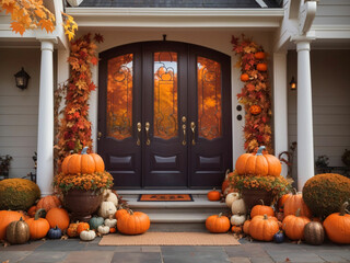 Thanks giving decorated house door with pumpkins and flowers.