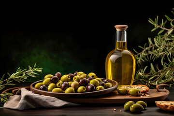 Mock up with plump green olives and bottle of premium olive oil