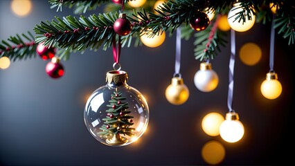 Christmas tree with ornaments, close-up. Holidays concept. Merry Christmas