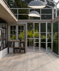 A cosy Scandinavian room with glass ceiling and window and doorway through a deck with a garden.