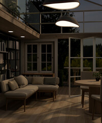 A beautiful, Scandinavian living room at night with glass ceiling and window, and deck with garden.