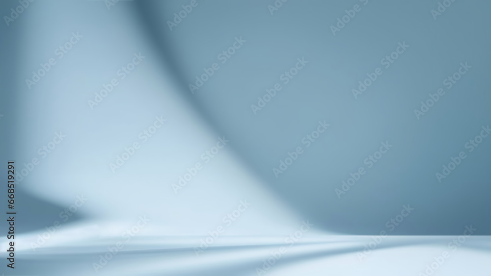 Poster Minimal abstract simple light blue background for product presentation. Shadow and light from windows on plaster wall.