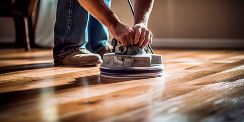 Flooring Refinishing , worker's hands during the sanding and refinishing of hardwood floors