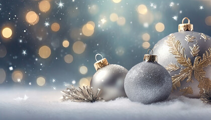 Holiday ornaments and decorations surrounded by glistening snowflakes and festive twinkling lights
