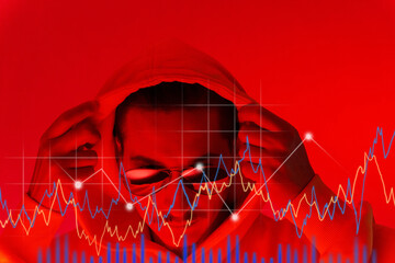 Portrait of a millennial man with glasses, red background portrait cyberstyle. Hipster in a hoodie. Price chart, Cyber Monday