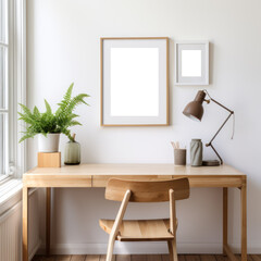 Home workplace, work from home, wooden chair and desk near white wall with blank mockup poster frame. Transparent png