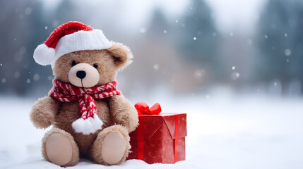 Cute teddy bear with Christmas gifts on snowy background.