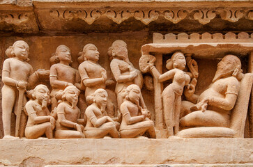 Beautiful sculptures on the wall of Khajuraho Temples, Khajuraho, Madhya Pradesh, India, Asia.