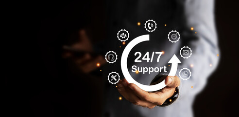 24/7 service, online store concept After-sales service in 24/7 online service with round the clock access to full-time global customer service.	