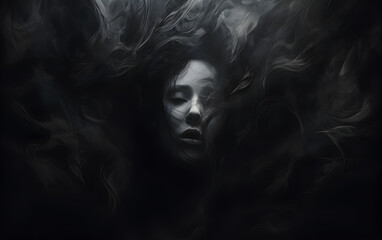 Dark, horror ethereal depiction of a woman enveloped in darkness, portraying the depth and mystery of emotional despair and depression.