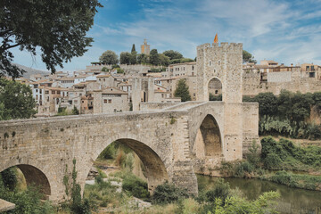 View of the medieval town with bridge. Besalu, Catalonia, Spain.