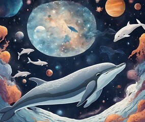 dolphins in space - 1 - obrazy, fototapety, plakaty