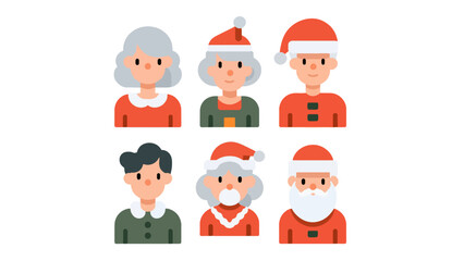 A festive illustration of six cartoon characters, three of which are dressed as Santa Claus, two as Mrs. Claus, and one as a young boy, all ready for the Christmas holiday.