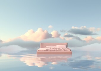 Fluffy pink bed posing on the top of the water lake river or sea, in dreamy surreal landscape setup with pastel clouds and sky.
