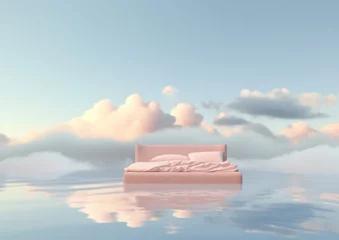 Wall murals Pale violet Fluffy pink bed posing on the top of the water lake river or sea, in dreamy surreal landscape setup with pastel clouds and sky.