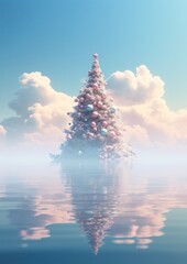 Fluffy christmas tree with decorations posing on the top of the water lake river or sea, in dreamy...