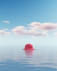 Fluffy red santa hat posing on the top of the water lake river or sea, in dreamy surreal landscape setup with pastel clouds and sky.