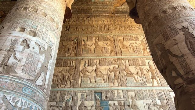 The ruins of the Egyptian temple complex Dendera. Museum in Egypt. Hathor Temple. The Denderian zodiac. The complex is a mixture of ruined temples, chapels, pylons and other buildings. Egypt 2022. 4K