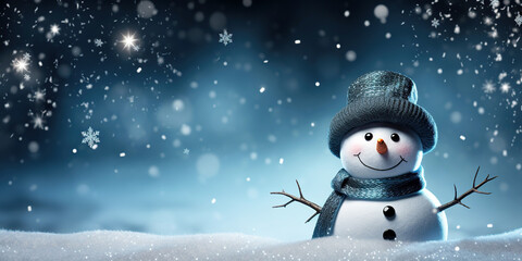 Fototapeta premium Funny cute snowman on snow, Christmas blue background with copy space, new year magic bokeh background. Winter holidays festive decoration, greeting card.