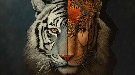 Half tiger and wolf portrait collage