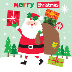 Cute Christmas Santa Claus with Gifts and Candy Cane