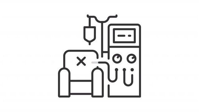 2D black creative thin line animation of dialysis machine, HD video with transparent background, seamless loop 4K video representing medical diagnostic equipment.