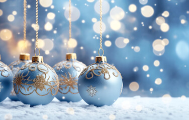 Christmas background with copy space, blue christmas balls on snow, new year glitter baubles on magic blurry lights bokeh background. Winter holidays festive decoration, greeting card.