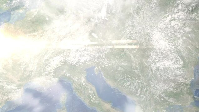 Zoom in from space and focus on Sankt Veit an der Glan, Austria. 3D Animation. Background for travel intro. Elements of this image furnished by NASA	