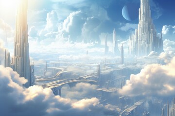 High-tech Future city clouds. Fog sky tower. Generate Ai