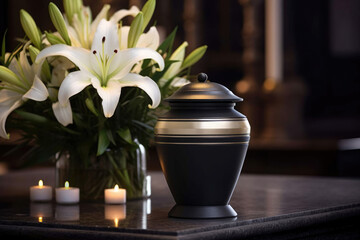 Black cremation urn with white lilies, church background and burning candles. Urn with ashes and white flowers.