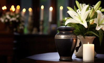 Black cremation urn with white lilies, church background and burning candles. Urn with ashes and white flowers. - obrazy, fototapety, plakaty