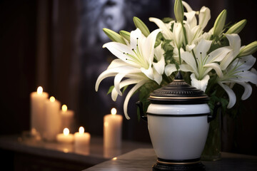 White cremation urn with white lilies, church background and burning candles. Urn with ashes and white flowers.